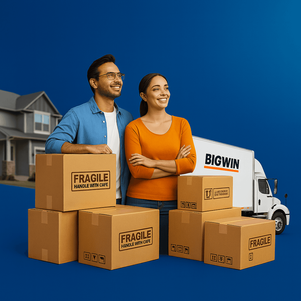 Happy couple with moving boxes - Professional relocation services by Bigwin